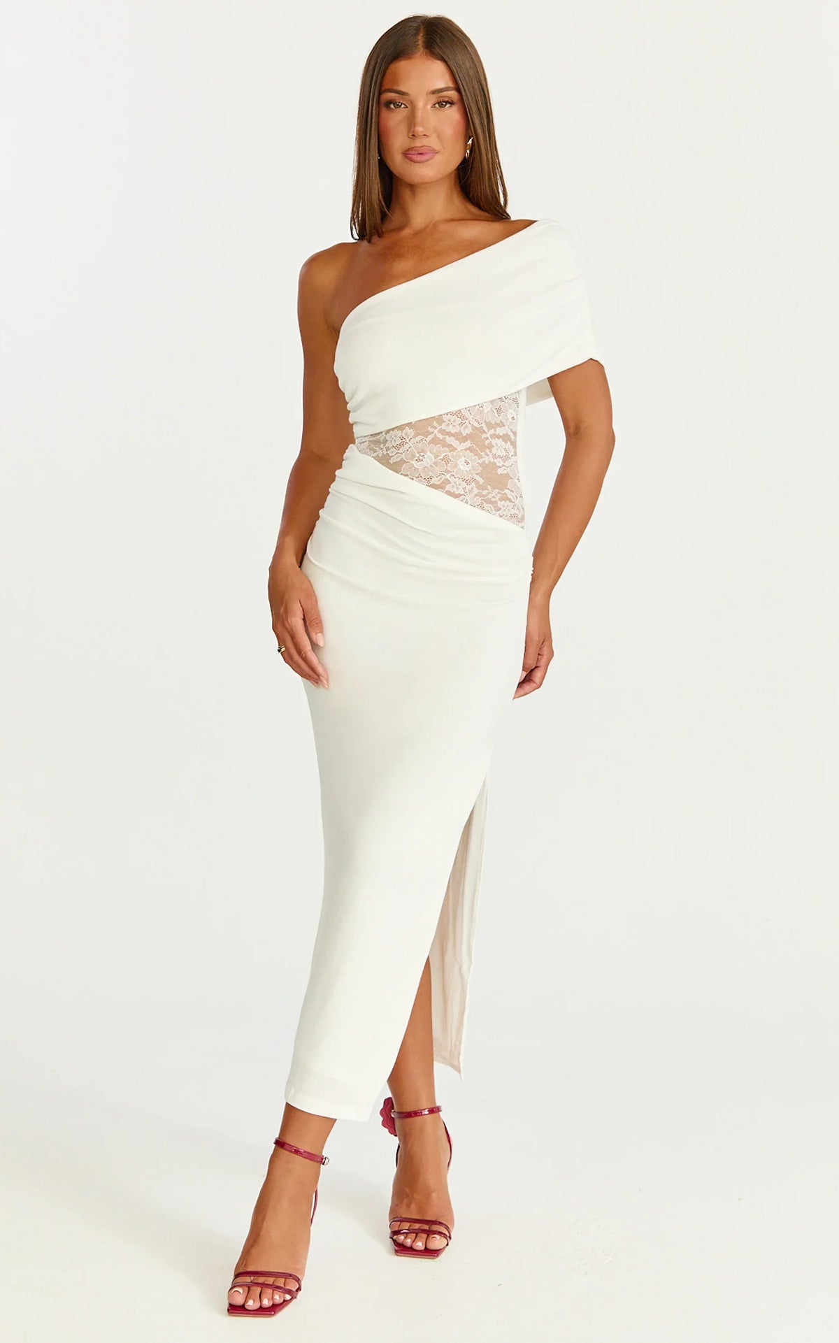 Juliet Midi Dress One Shoulder Lace Contrast Bodycon Dress in Ivory