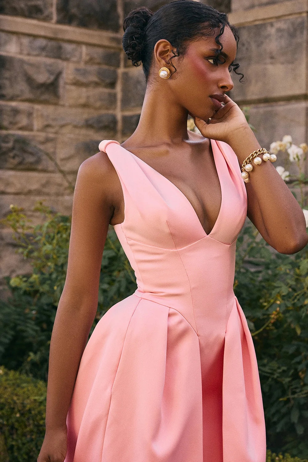 peach satin pleated midi dress sale
