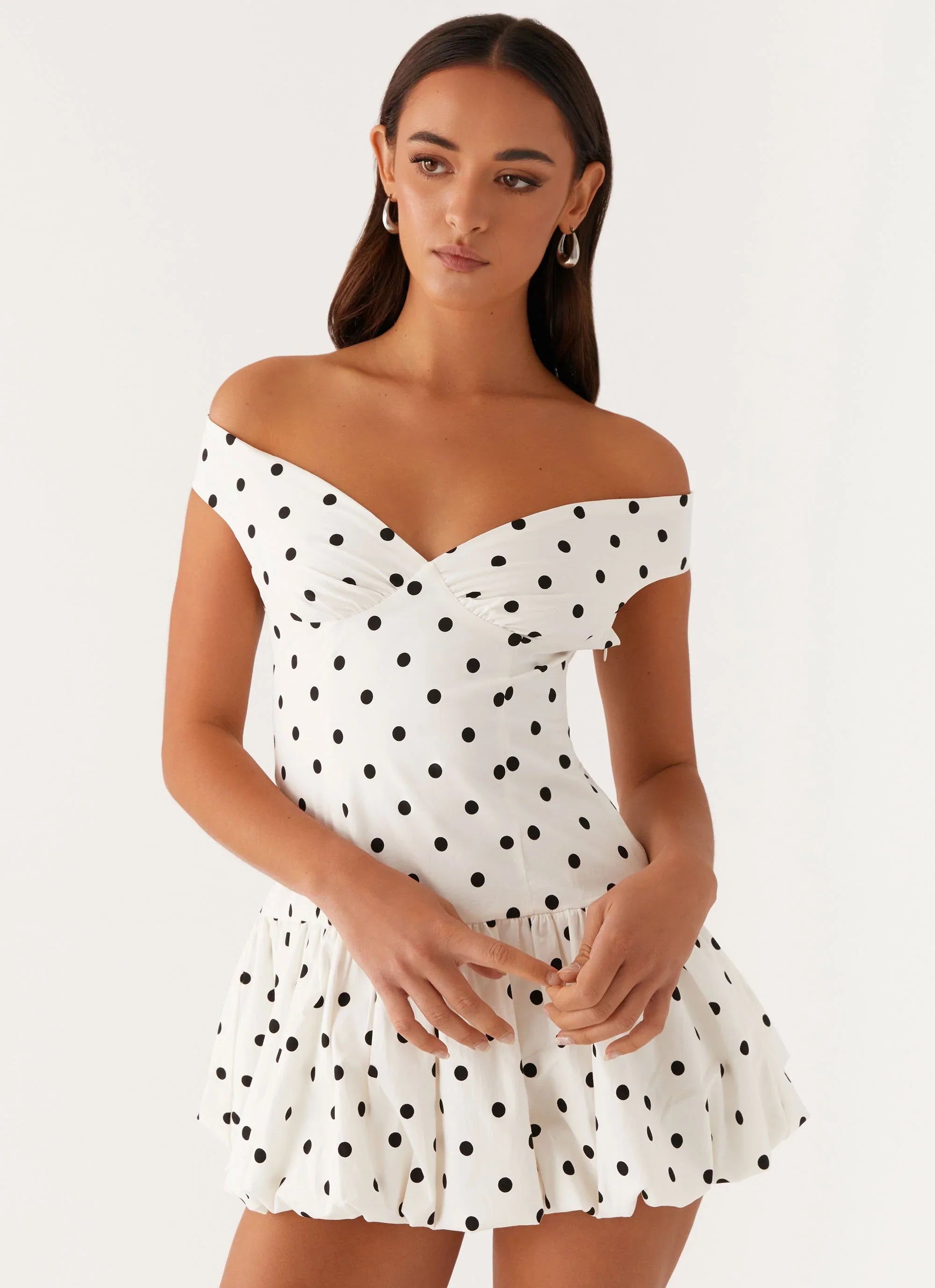 Endless Romance Off Shoulder Mini Dress White Polka Dot