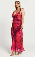 Alessa Maxi Dress V Neck Frill Detail Empire Waist Back Cut Out Dress in Adeana Print