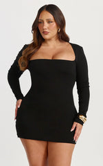Benji Mini Dress Square Neck Long Sleeve Bodycon Dress in Black