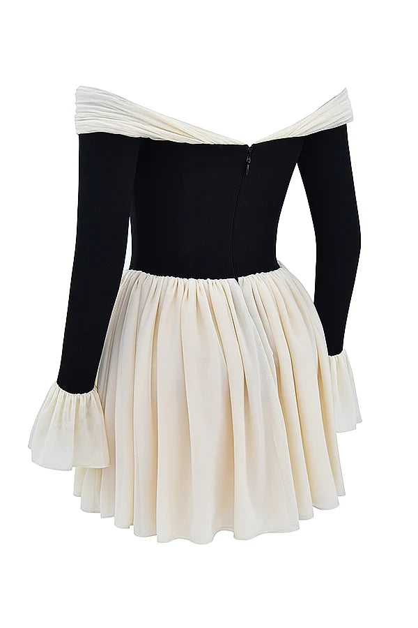 black cream off shoulder dress