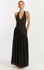 Calla Maxi Dress Halter Neck Asymmetric Dropped Waist Dress in Black