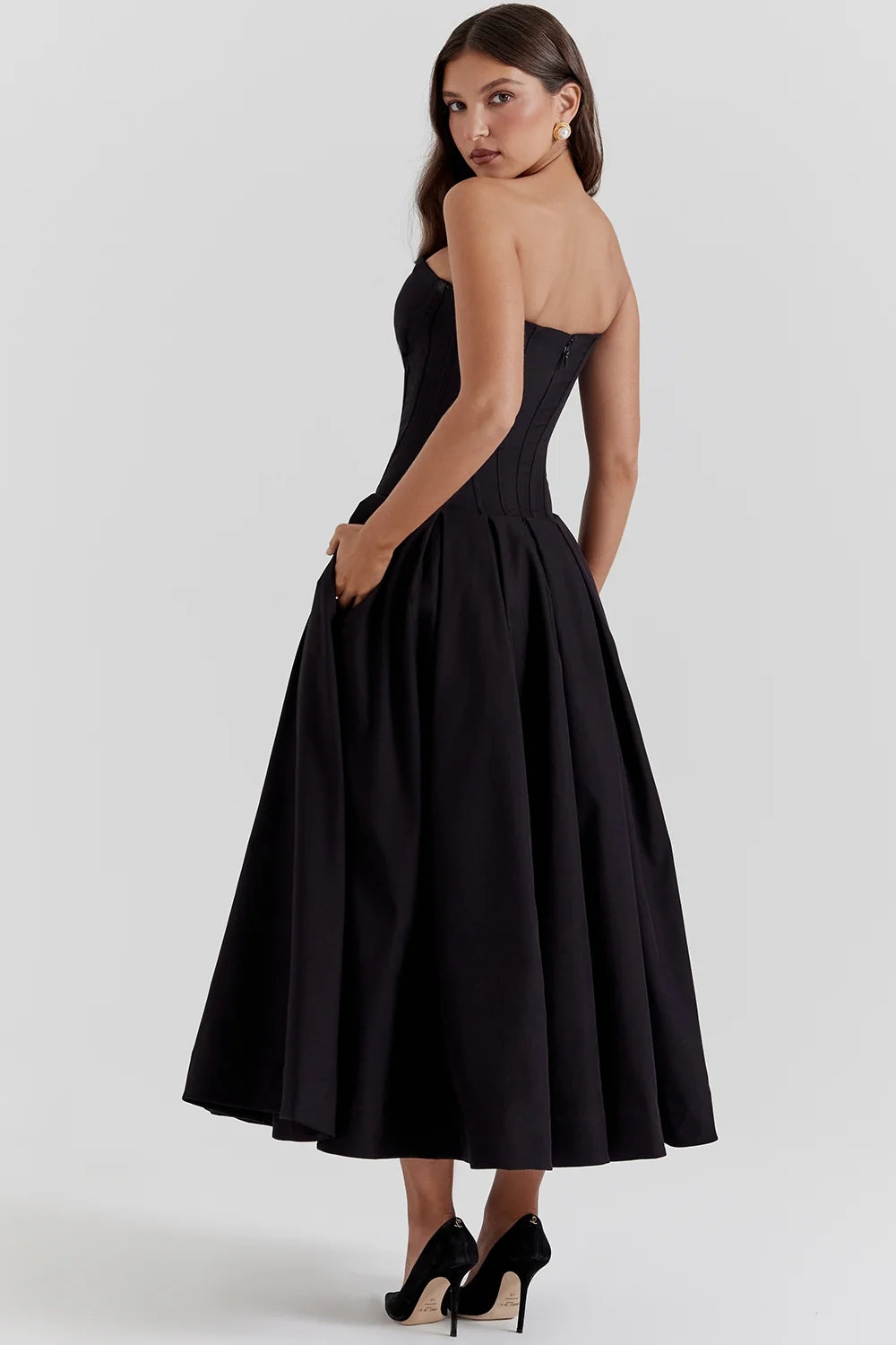 black strapless midi dress