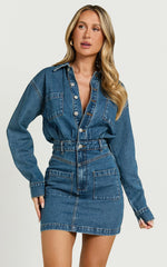 Kamala Mini Dress Long Sleeve Button Through Denim Dress in Dark Blue Wash