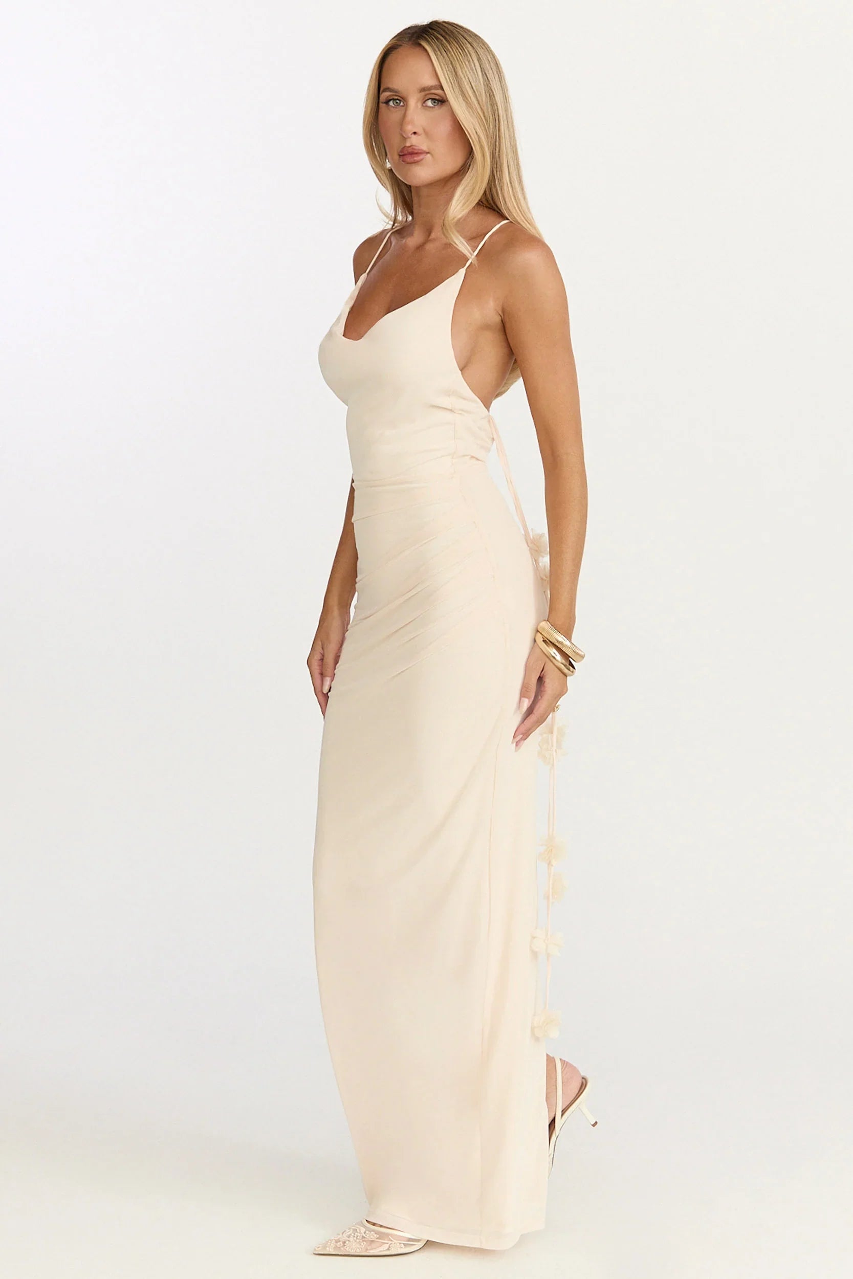 Penny Maxi Dress Draped Cowl Neck 3D Flower Dress in Cream