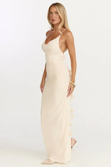 Penny Maxi Dress Draped Cowl Neck 3D Flower Dress in Cream