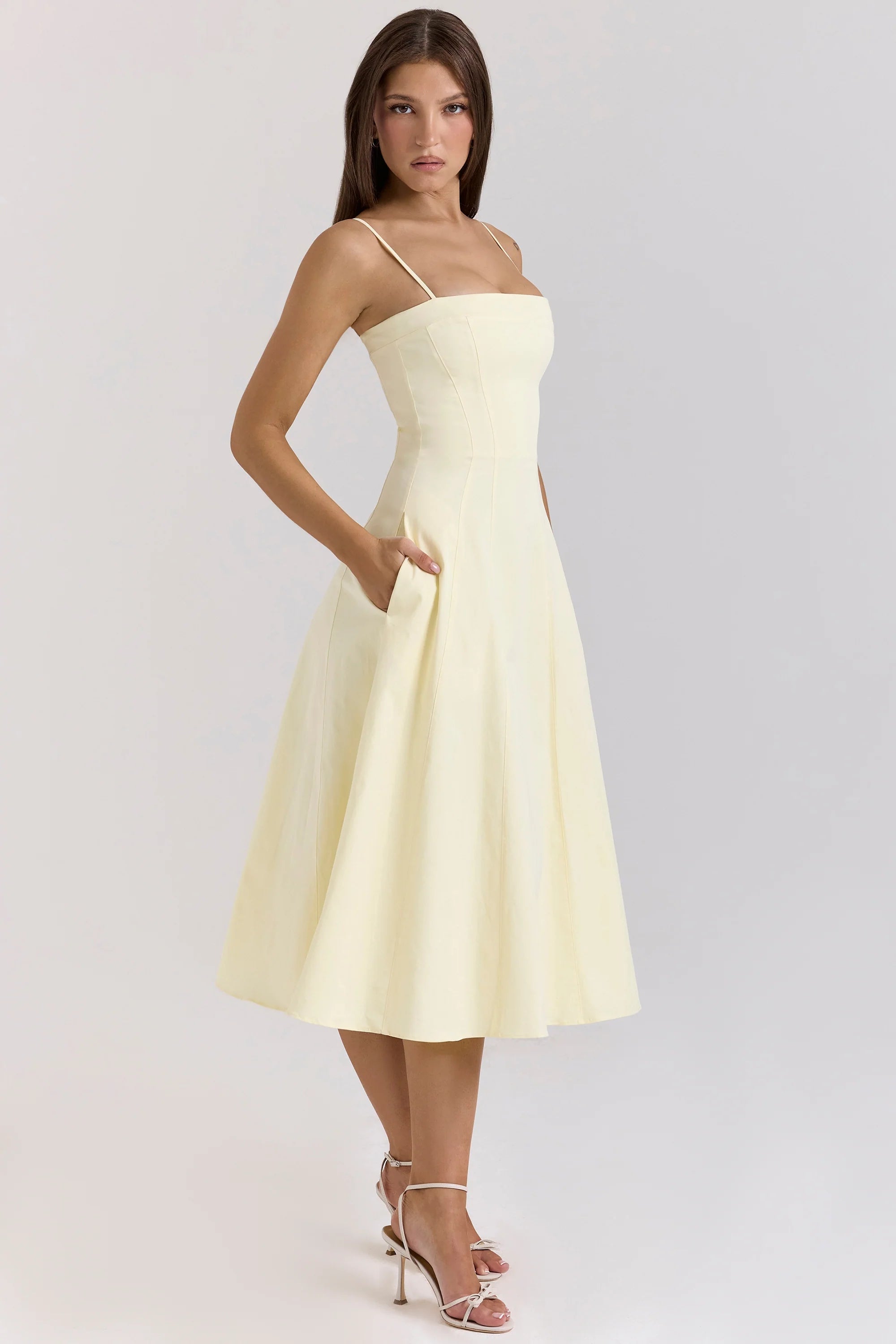 lemon stretch cotton a line midi sundress