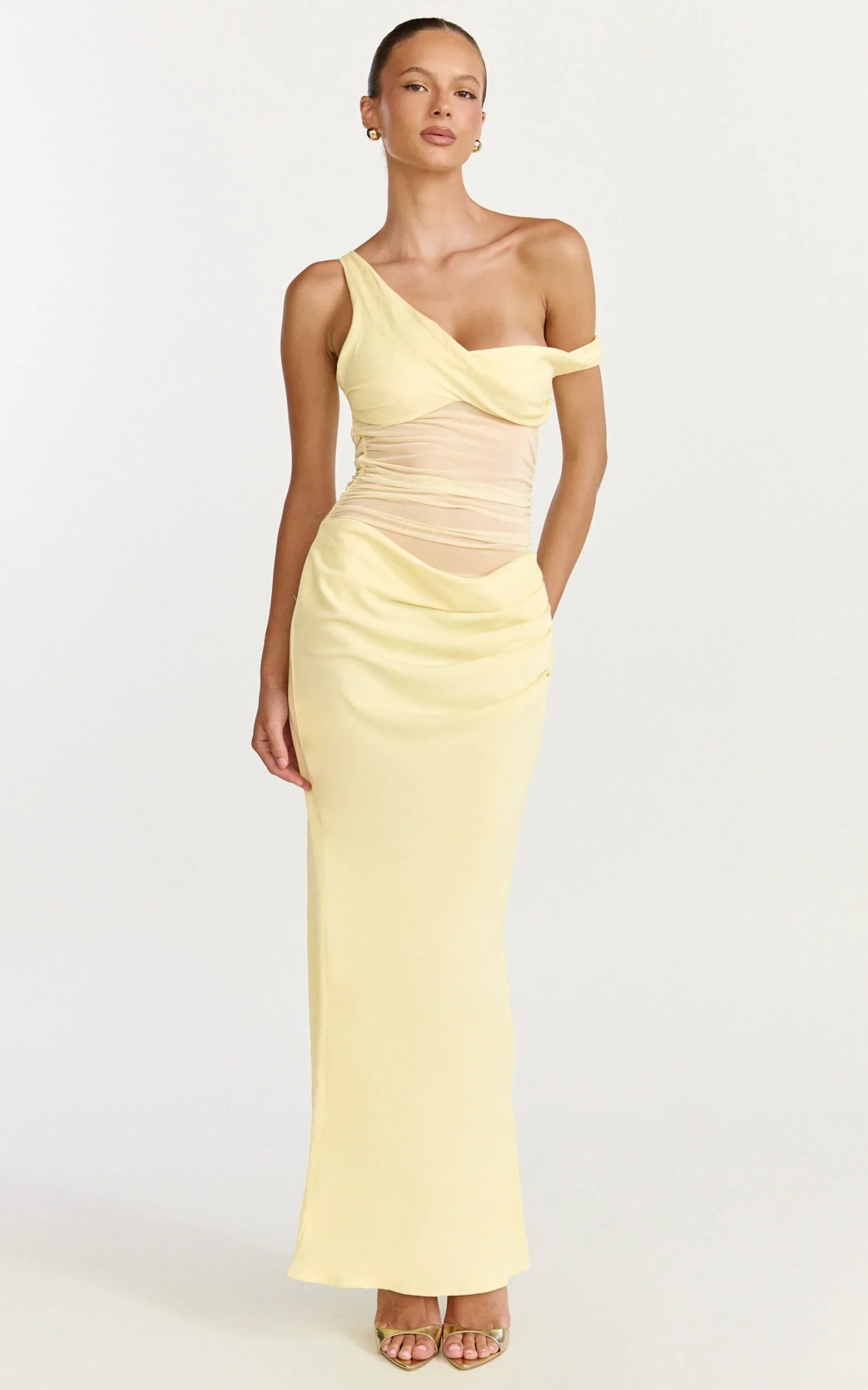 Elias Maxi Dress Twisted One Shoulder Cowl Dropped Waist Dress in Lemon
