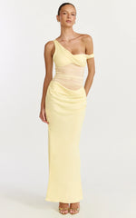 Elias Maxi Dress Twisted One Shoulder Cowl Dropped Waist Dress in Lemon
