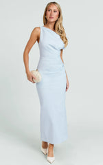Alexandria Midi Dress Tip Shoulder Draped Fitted Dress in Blue