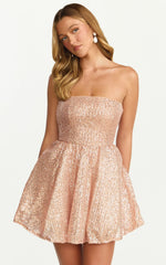 Hana Mini Dress Strapless Fit And Flare Sequin Dress in Rose Gold
