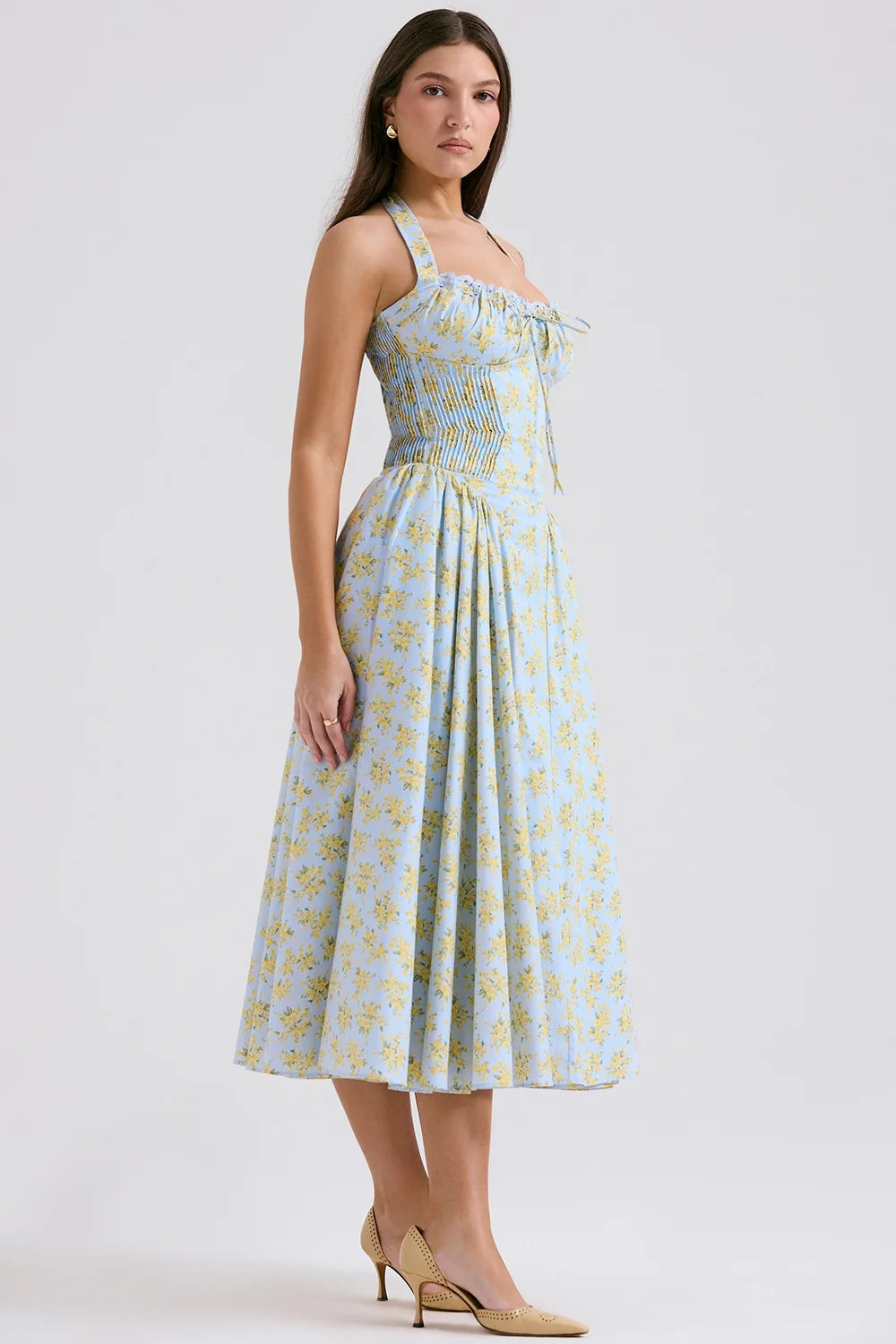 soft blue vintage floral print cotton halter sundress