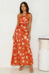 Golden Touch Satin One Shoulder Maxi Dress Rust