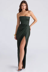 emerald satin strapless maxi dress