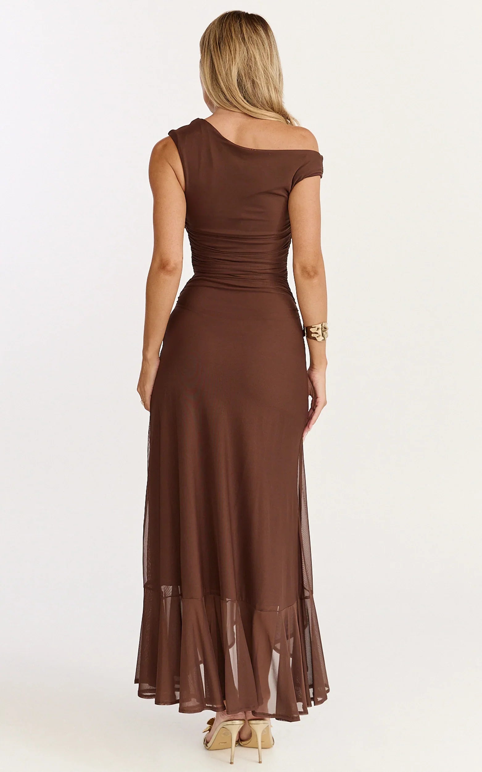 Judee Midi Dress One Shoulder High Side Split Dress in Chocolate