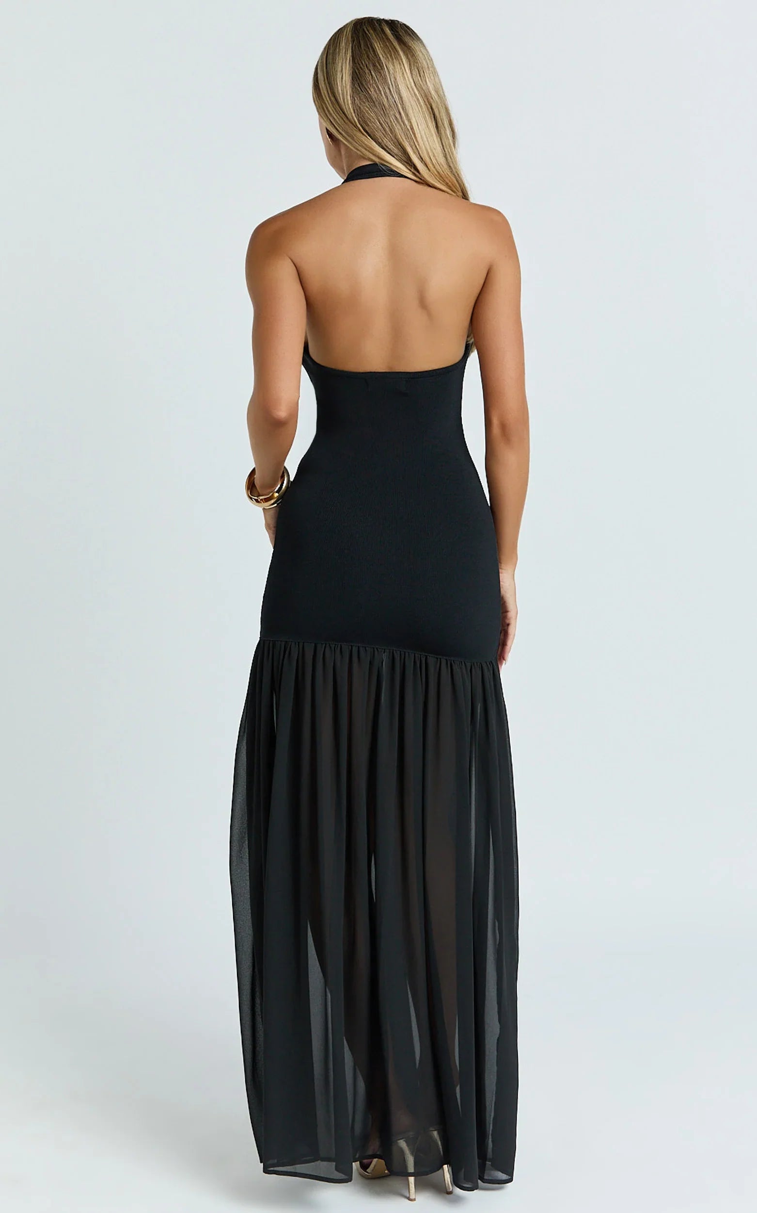 Barbara Maxi Dress Halter Scoop Neck Contrast Georgette Dress in Black