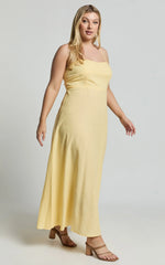 Brette Midi Dress Linen Straight Neck Strappy Fit And Flare Dress in Lemon