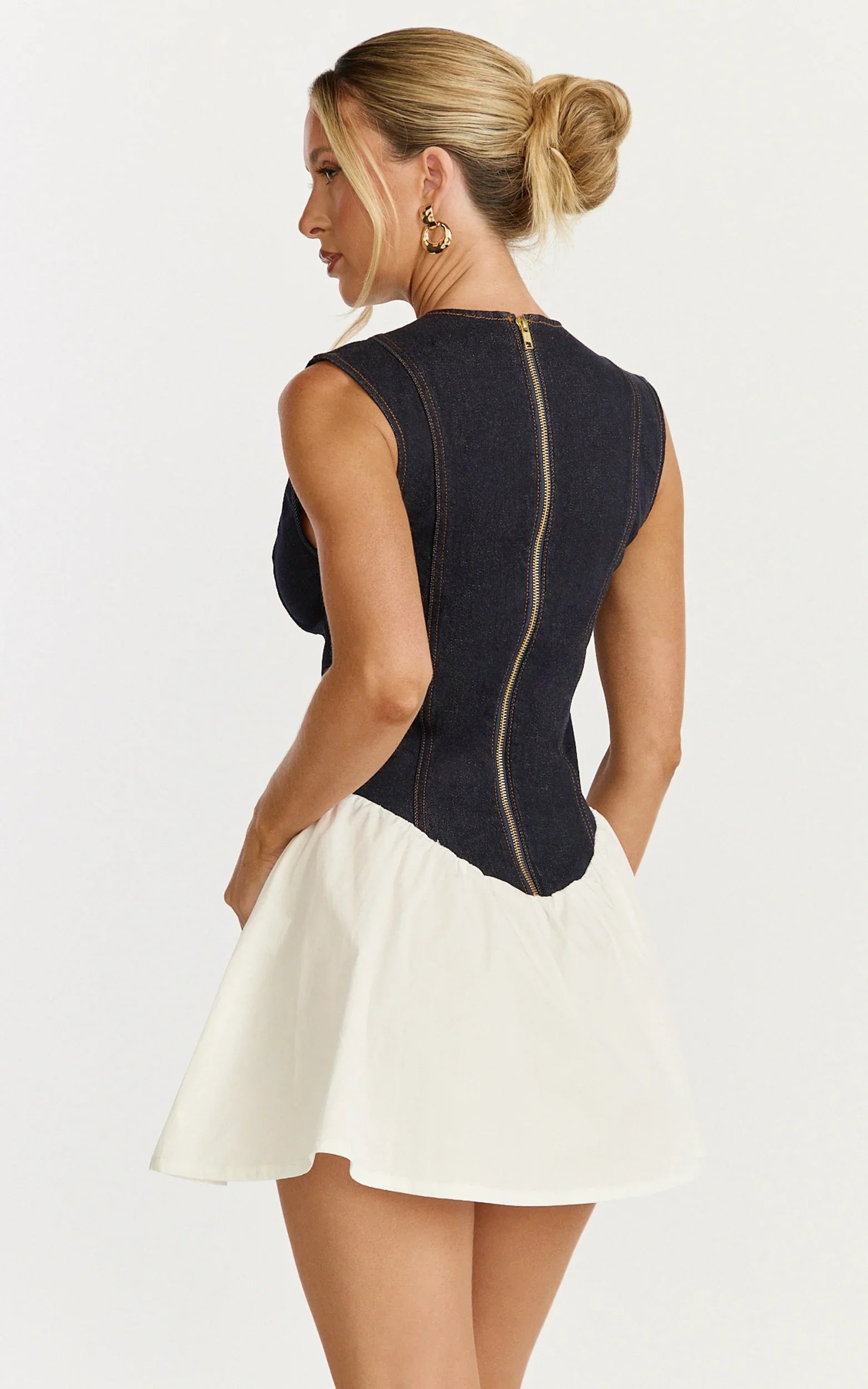 Schiffer Mini Dress Low Cut Notch Neck Contrast Denim Mini Dress in Raw