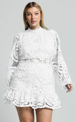 Kiss Me Now Mini Dress Long Puff Sleeve Dress in White Lace