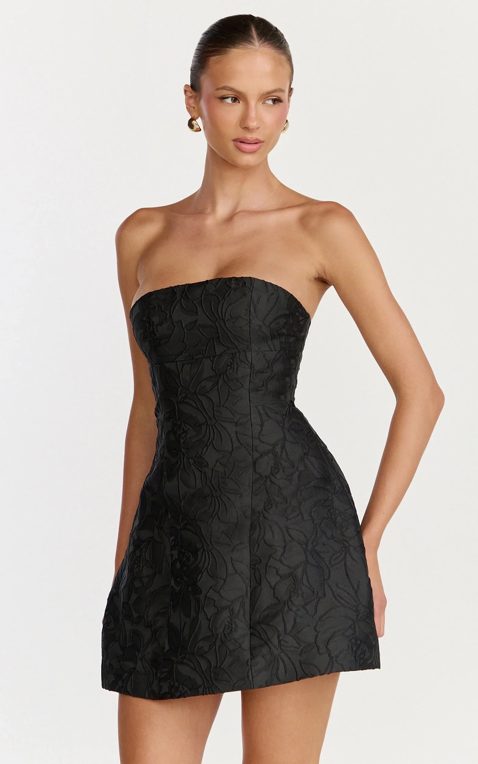 Rosalie Mini Dress Strapless Jacquard Floral Mini Dress in Black