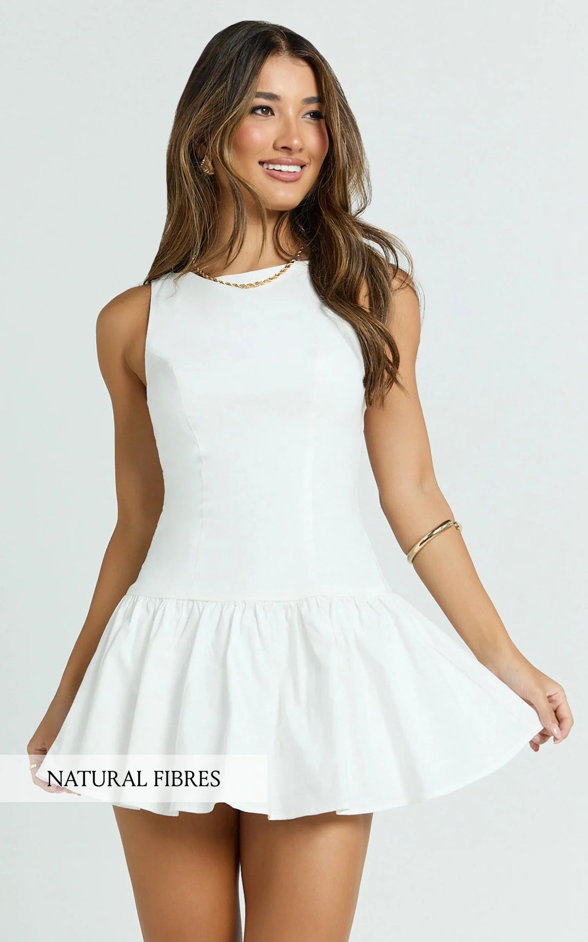 Izira Mini Dress Boat Neck Drop Waist Shift Dress in White