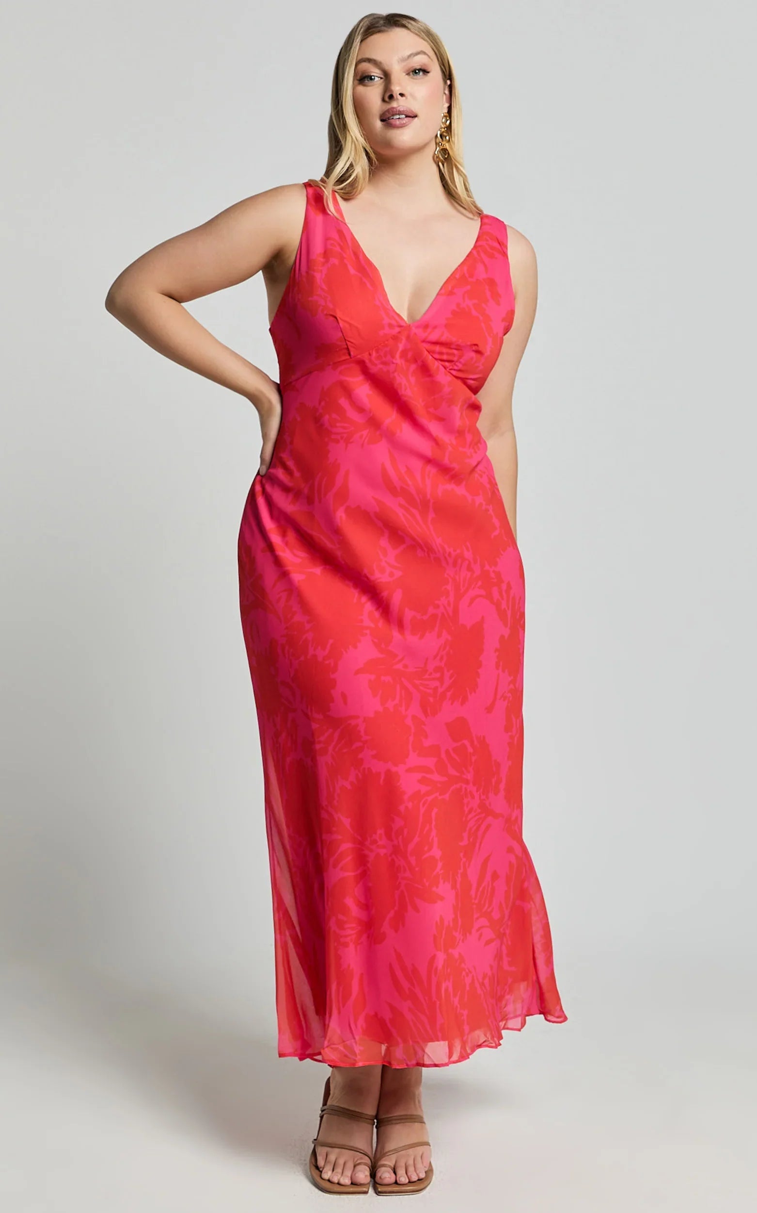 Jodie Midi Dress V Neck Slip Dress in Pink Floral