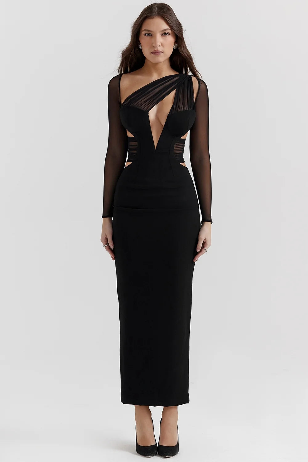 black plunge maxi dress