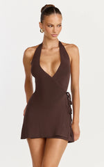 Callista Mini Dress Knit Halter Neck Wrap Dress in Chocolate