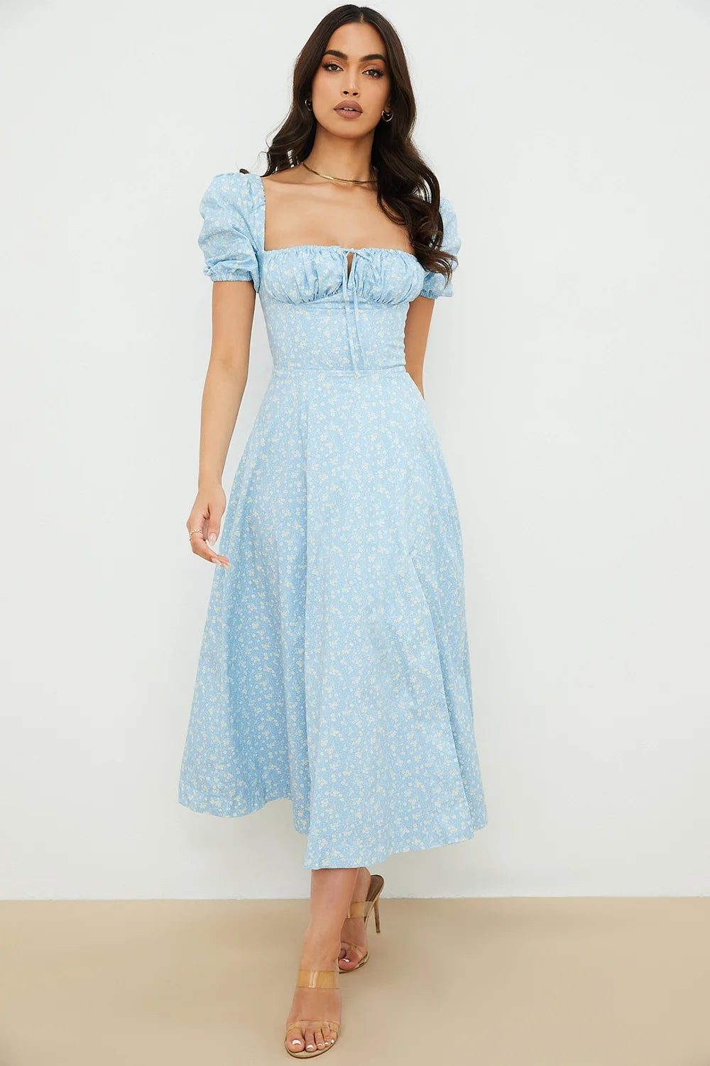 blue ivory floral puff sleeve midi dress