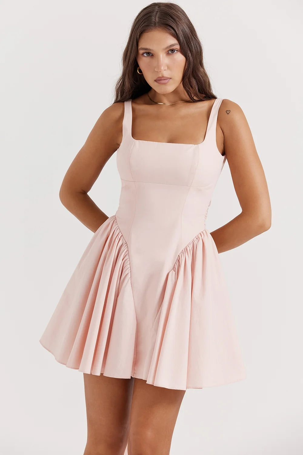soft peach bow mini dress