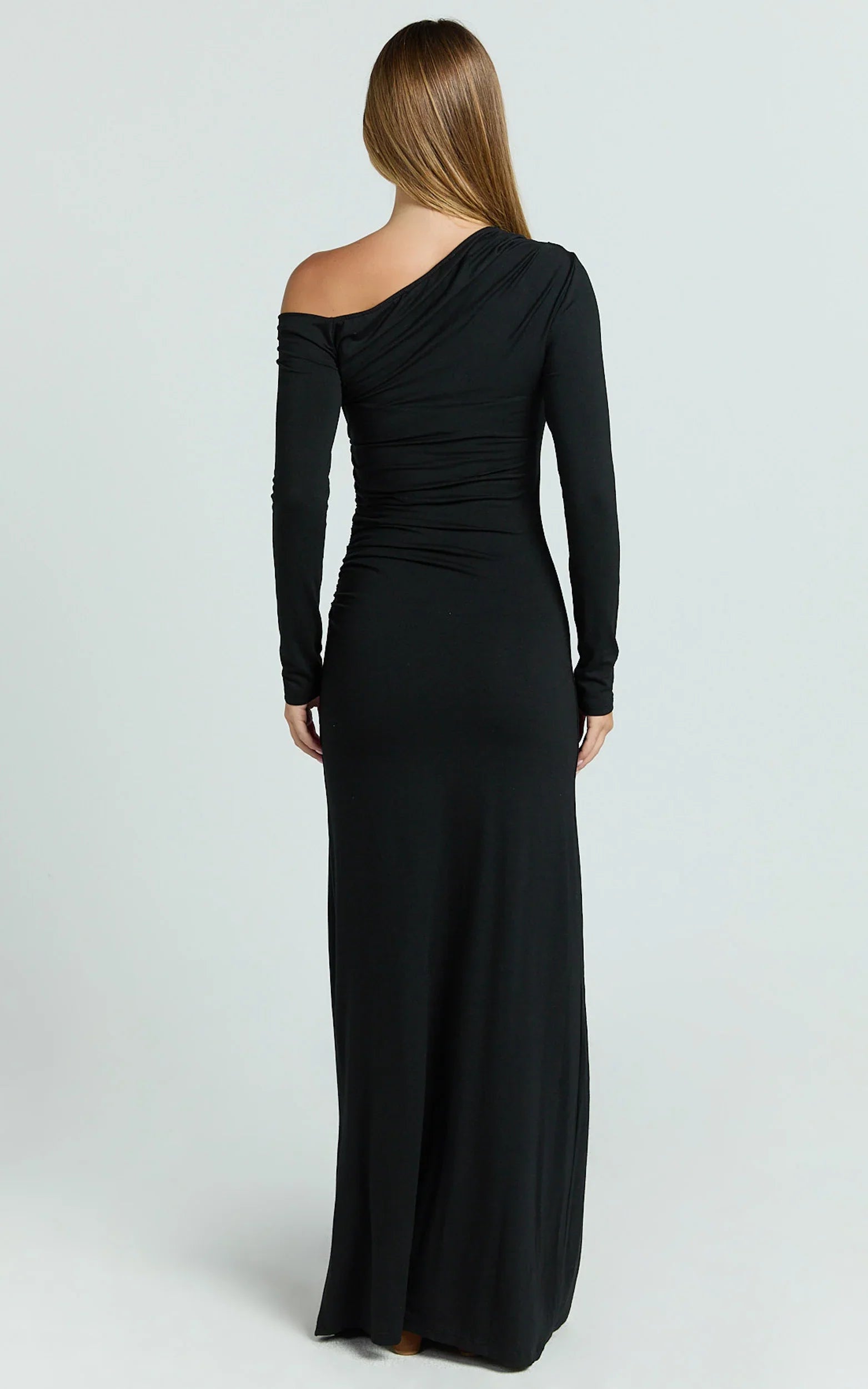Milly Maxi Dress Asymmetrical Off Shoulder Long Sleeve Side Ruching Maxi Dress in Black