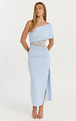 Juliet Midi Dress One Shoulder Lace Contrast Bodycon Dress in Blue