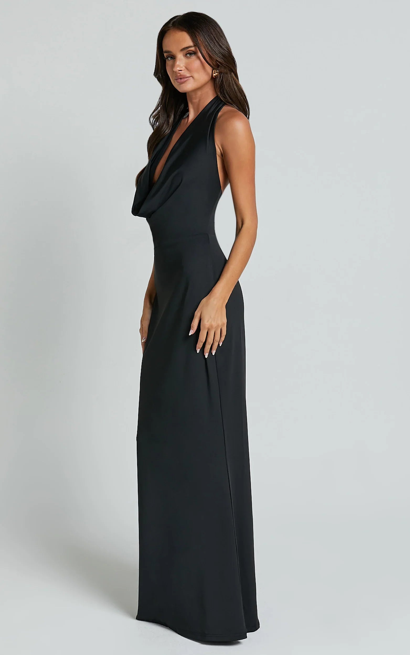Sylvana Maxi Dress Cowl Halter Neck Bodycon Dress in Black