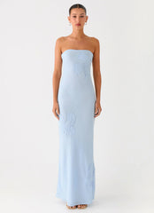 Sassafras Beaded Flower Strapless Maxi Dress Blue