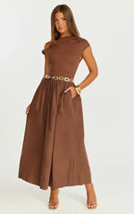 Jhamie Midi Dress One Shoulder Contrast Skirt Dress in Chocolate