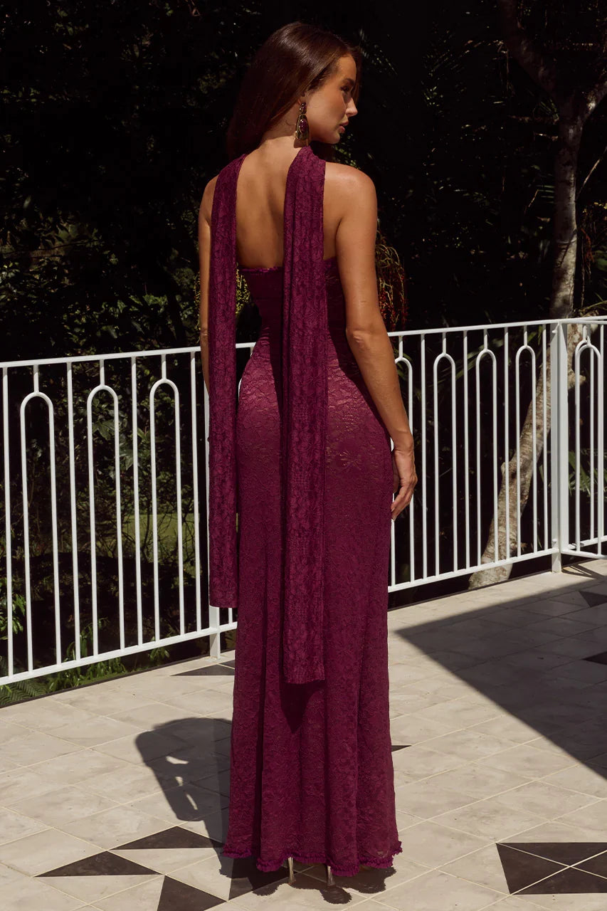 AMANA STRAPLESS SCARF MAXI DRESS WINE