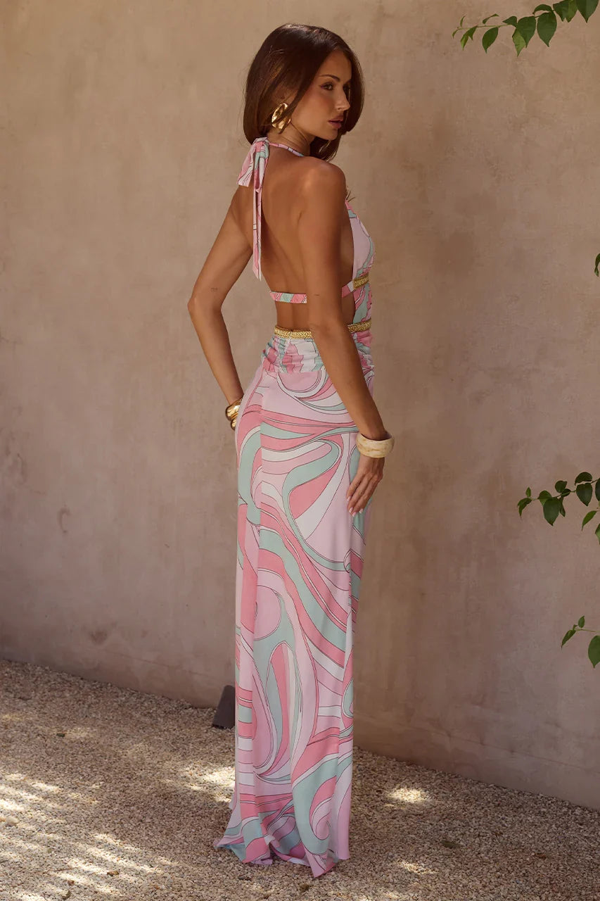 XYLIA HALTER LOW PLUNGE MAXI DRESS CAMINO PINK