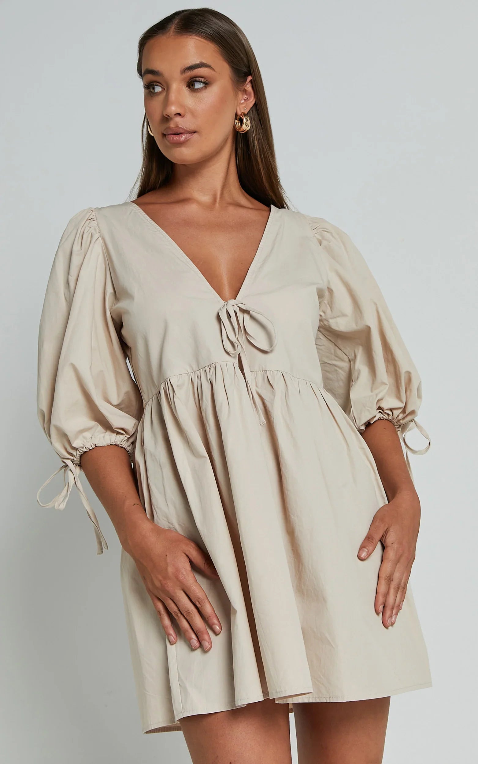 Rosita Mini Dress Tie Front Puff Sleeve Dress in Stone