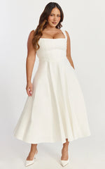 Bernie Midi Dress Square Neck Strapped Full Circle Skirt Dress in White