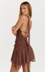 Jett Mini Dress Scarf Neck Asymmetric Hemline Georgette Dress in Chocolate