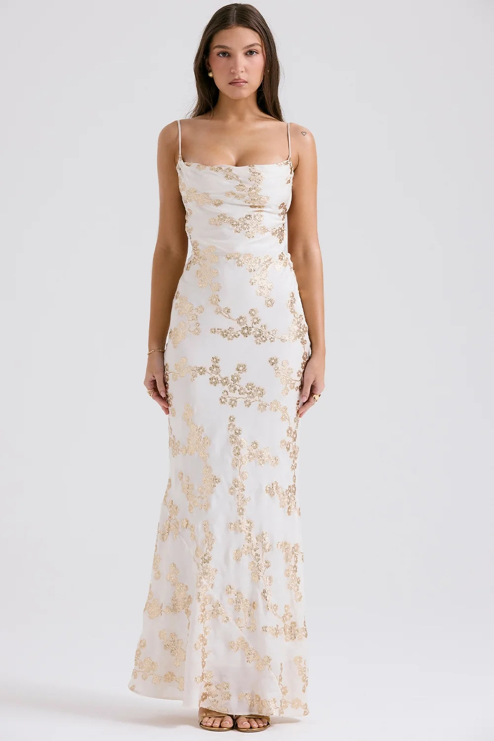 white gold jacquard satin gown