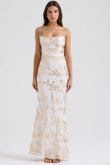 white gold jacquard satin gown