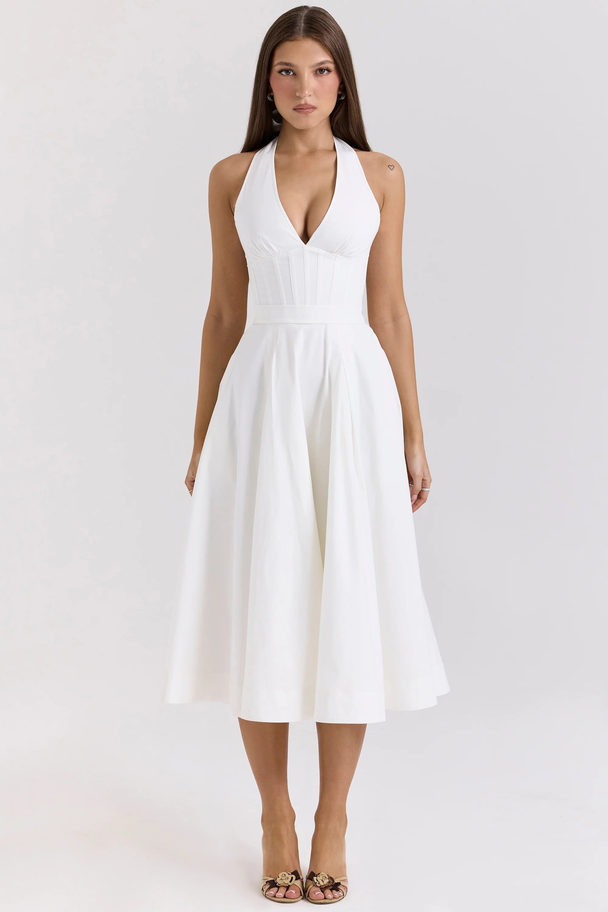 white stretch cotton halter midi sundress