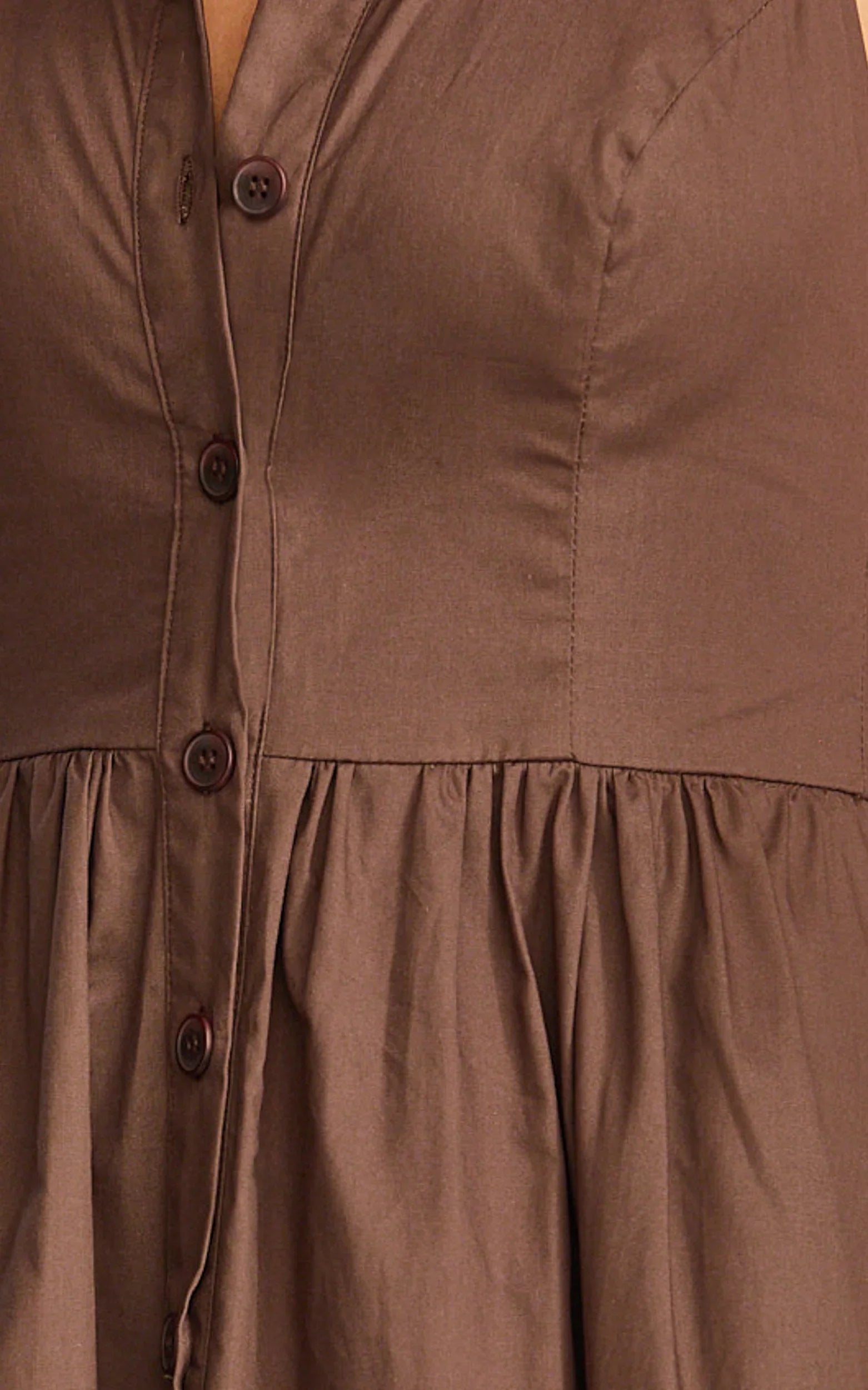 Ruby Midi Dress Collared Button Down Gathered Waist Skirt Fit And Flare Dress in Dark Chocolate