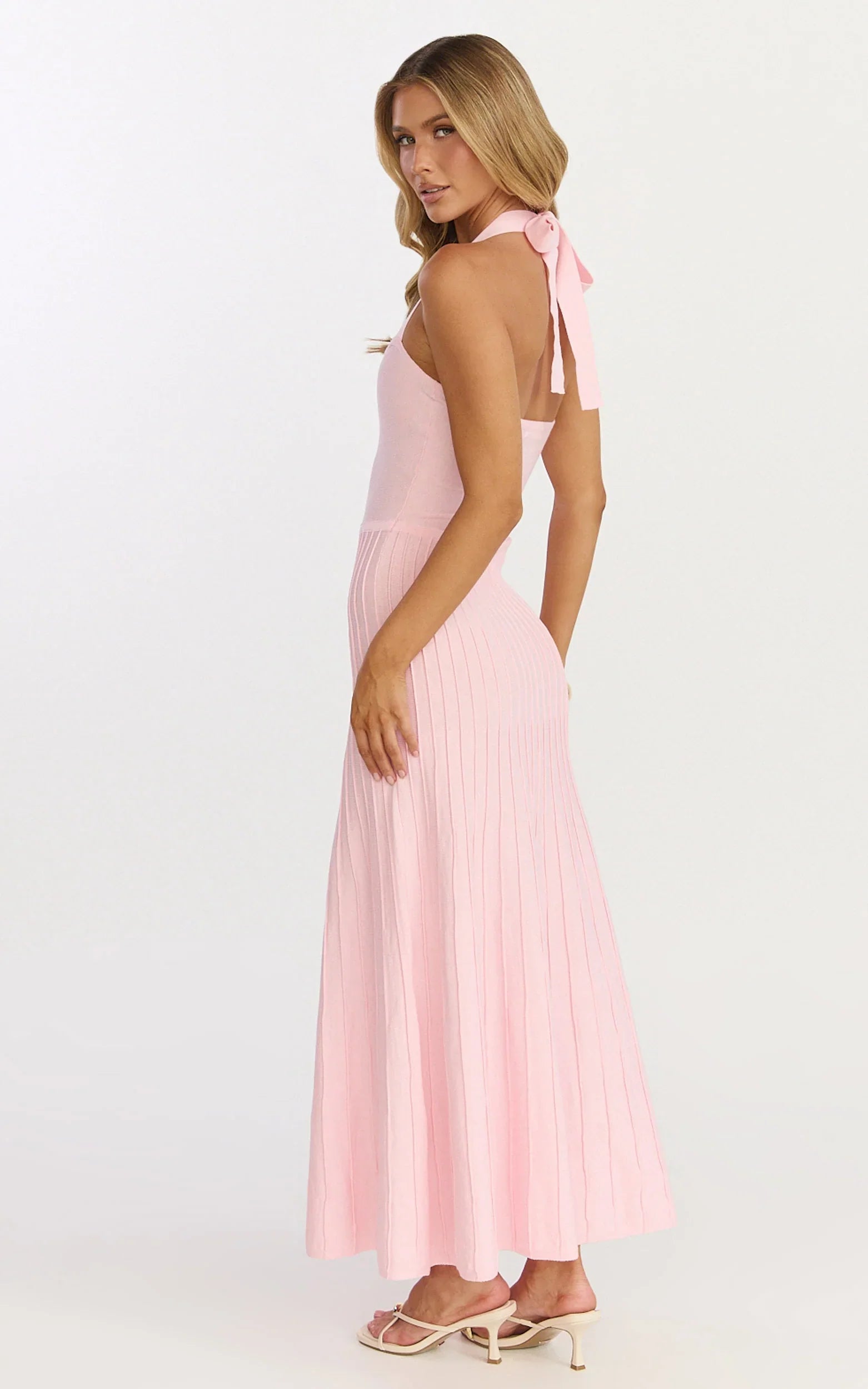 Candace Midi Dress Halter Neck Ribbed Knit Dress in Pale Pink