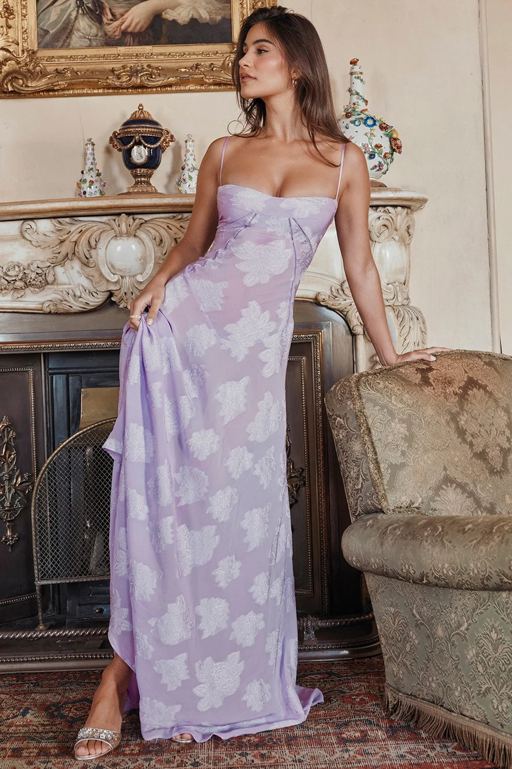 orchid floral lace back maxi dress