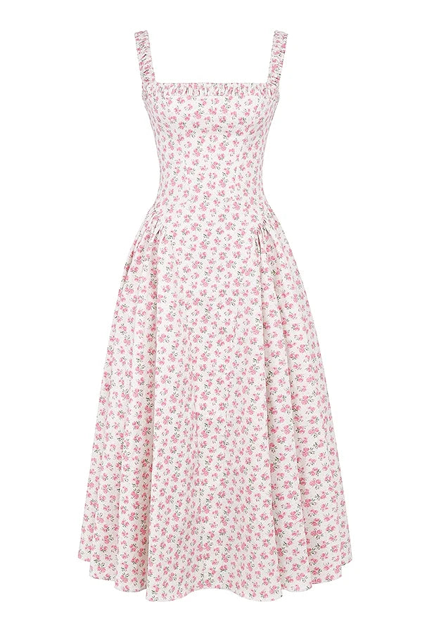 white rosebud print cotton midi sundress