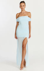 Leticia Maxi Dress Mesh Off Shoulder Ruched High Split Dress in Blue