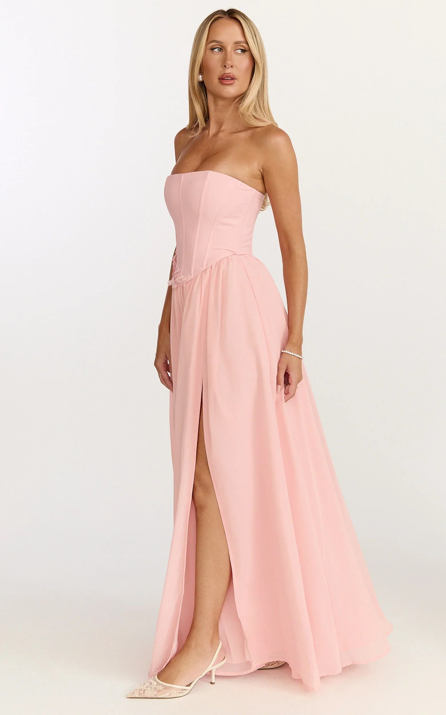 Penny Maxi Dress Strapless Corset Bodice Floral Embellished Dress in Soft Pink